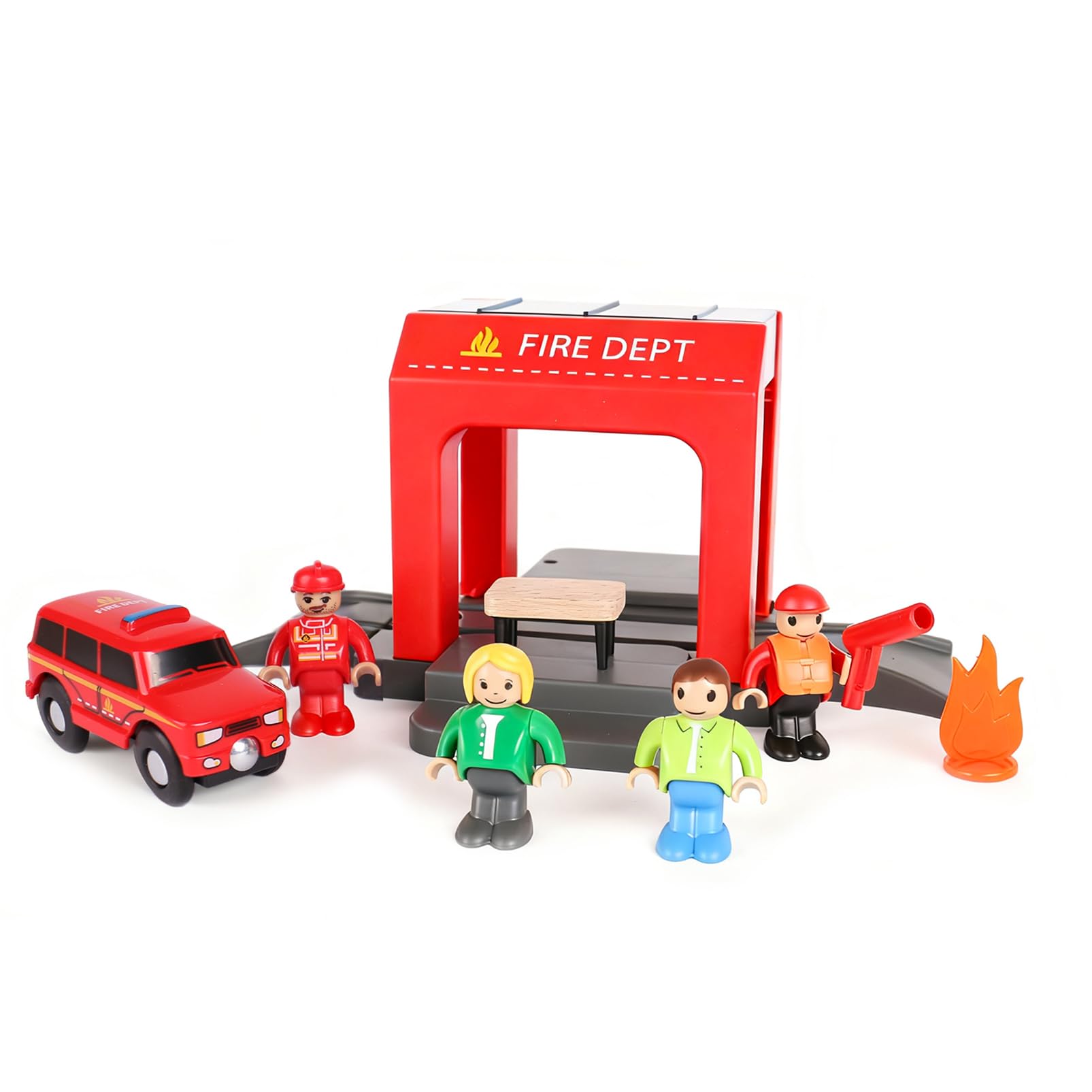 HANQIANN Fire Station Playset Toy,Building City Fire Service Train Set Compatible with All Wooden Train Tracks,Educational Train Accessory Toys for Boys and Kids (Assembly Required)