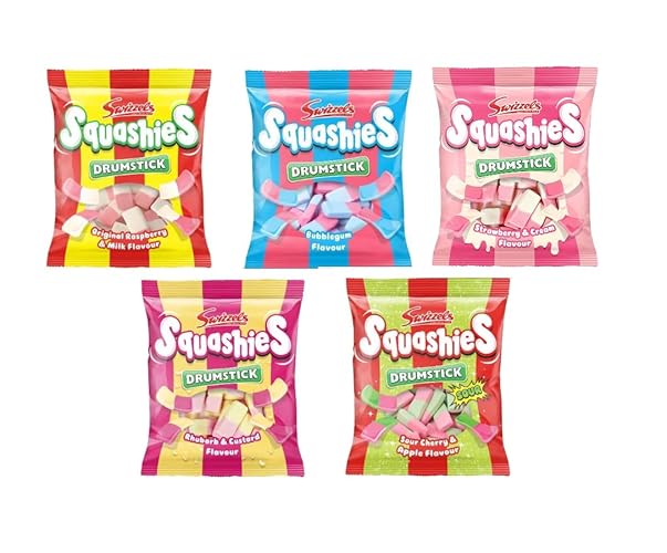 Squashies Drumstick Candies 5 Pack Variety (Original, Rhubarb & Custard, Sour Cherry & Apple, Bubblegum, Strawberry & Cream) 120G