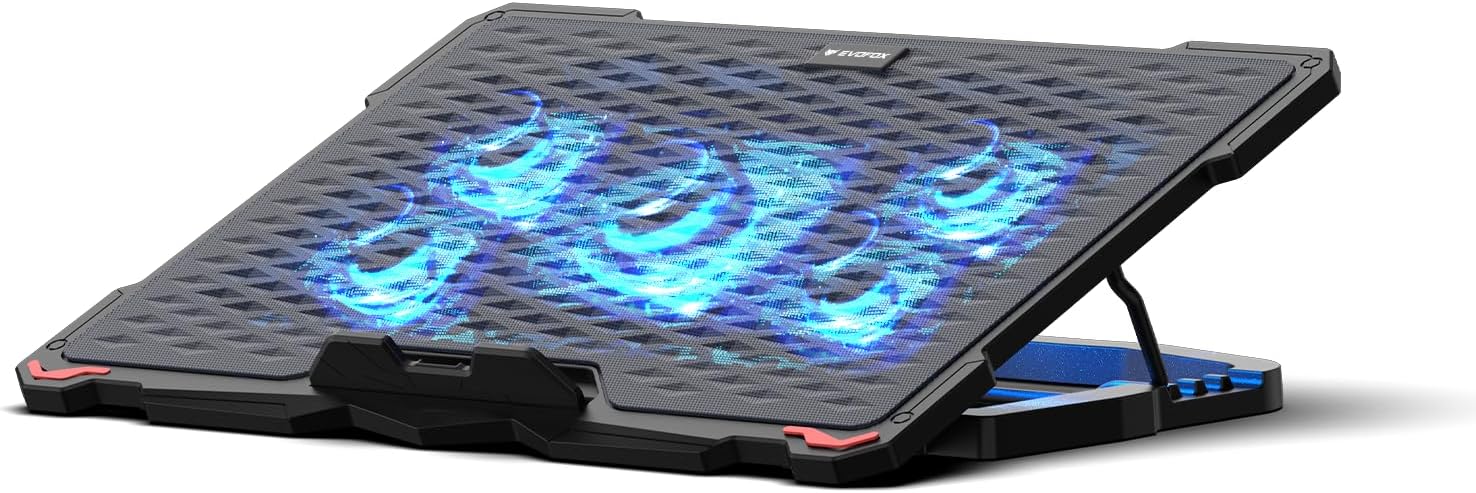 Amkette Typhoon Laptop Cooling Pad with 5 Adjustable Speed Fans, 4 Angle Stand, Hexa Mesh Metal Surface, Funky Blue LED Lights, Dual USB Ports & Braided Cable – Fits All Laptop Sizes
