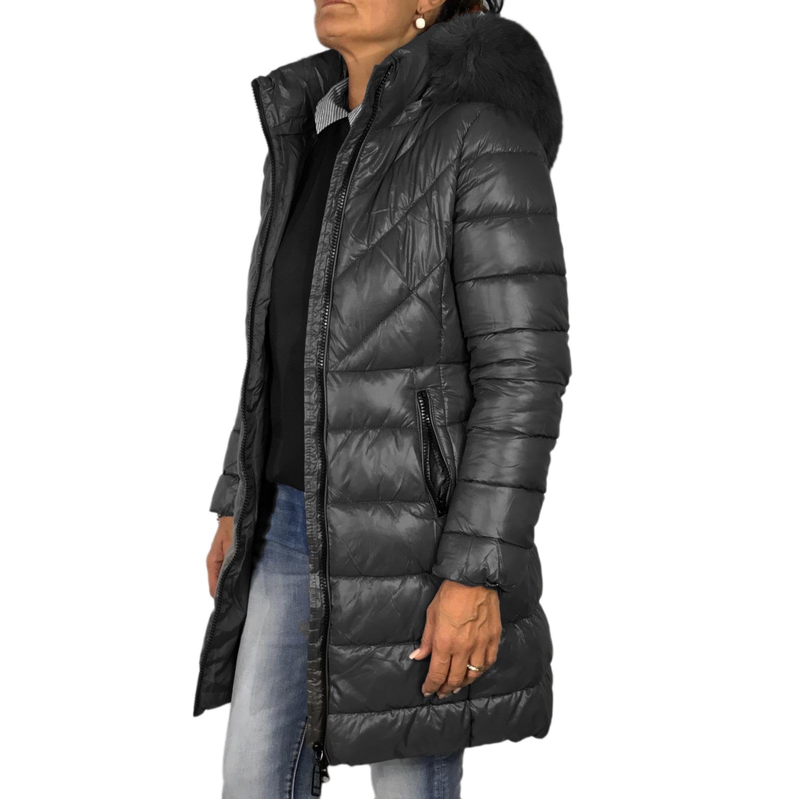 Piumino Donna Invernale Lungo Imbottito con Cappuccio in Pelliccia Giubbotto Invernale Elegante Casual
