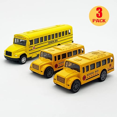 Miniatura 7 de Juego de 3 unidades de autobús escolar, vehículos de juguete de metal fundido a presión con amarillo brillante para niños y niñas pequeños