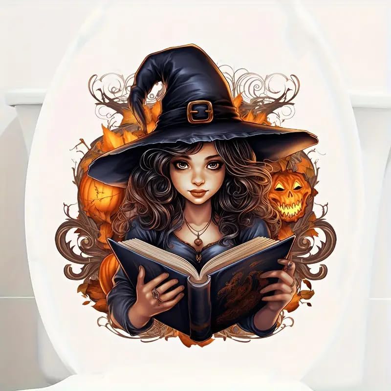 Halloween Witch Book Toilet Cover Sticker Decals,Fish Bird Flower Leaf Waterproof Toilet Lid Tank Seat Decals Cistern Self-Adhesive Bathroom Wall Sticker