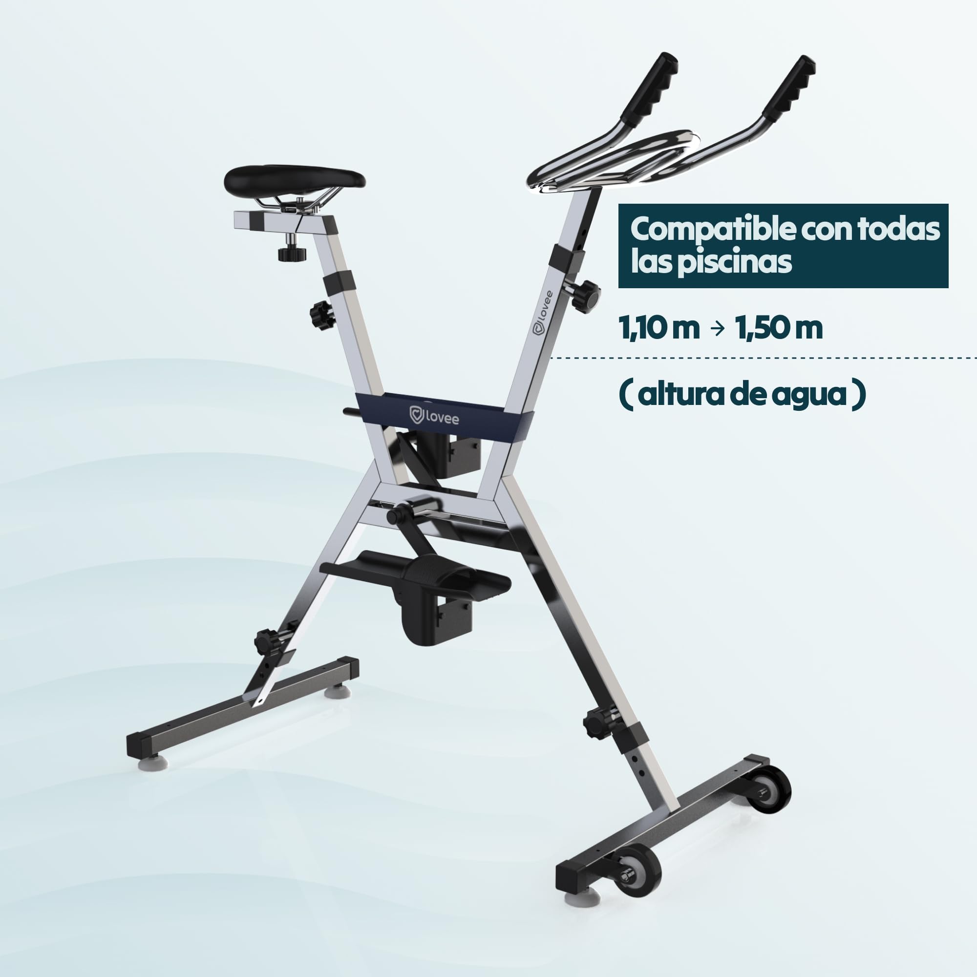 Lovee Aquabike V2 - Bicicleta de piscina doble modo deportivo y confort, acero inoxidable 316, resistencia al cloro y al agua de mar, para todos los revestimientos, 1,10 a 1,50 m de profundidad