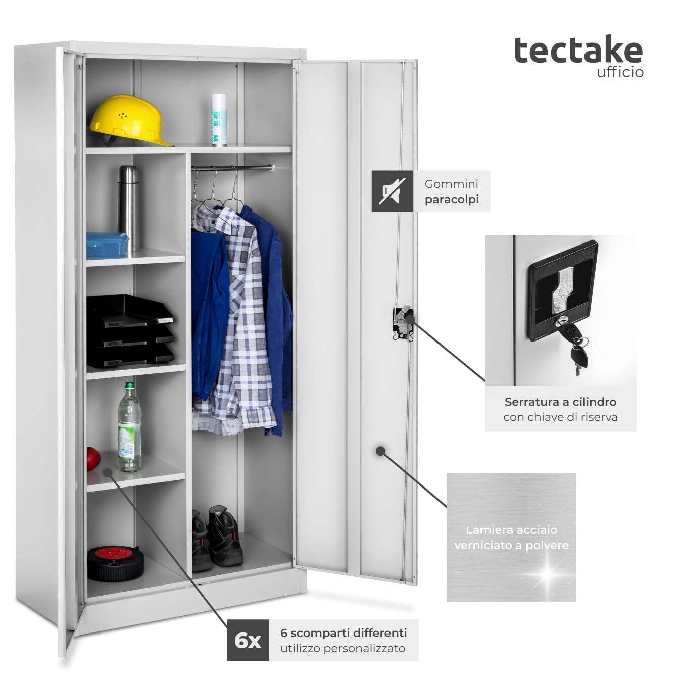 tectake® Armadio Portadocumenti, 6 Scomparti, Asta Appendiabiti, Armadio Multiuso in Acciaio Verniciato, Mobile con Ante Rinforzate, Serratura a Cilindro di Sicurezza, 80 cm - Grigio