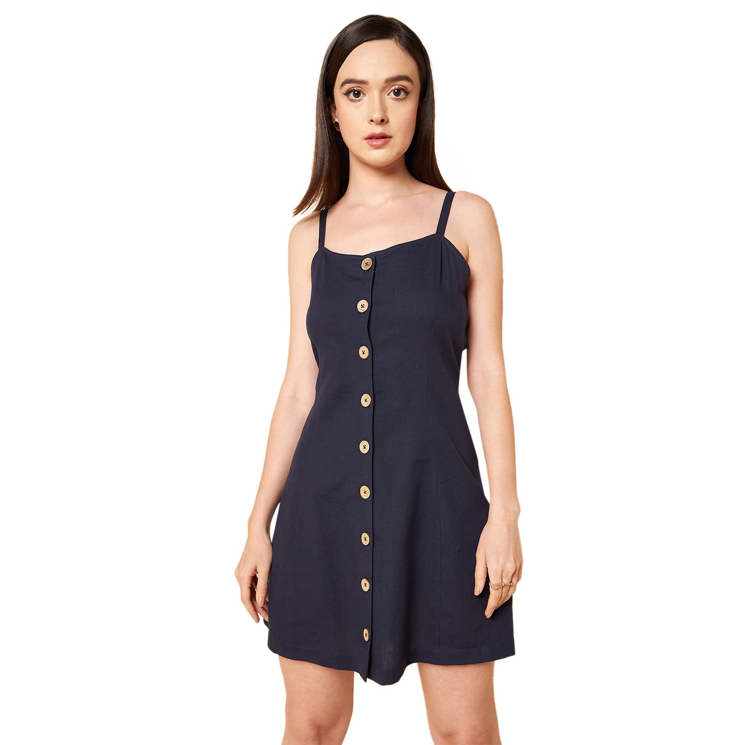High Star Women's Cotton Fit And Flare Mini Dresses (Hswdrs23001_Nv_Navy Blue_M)