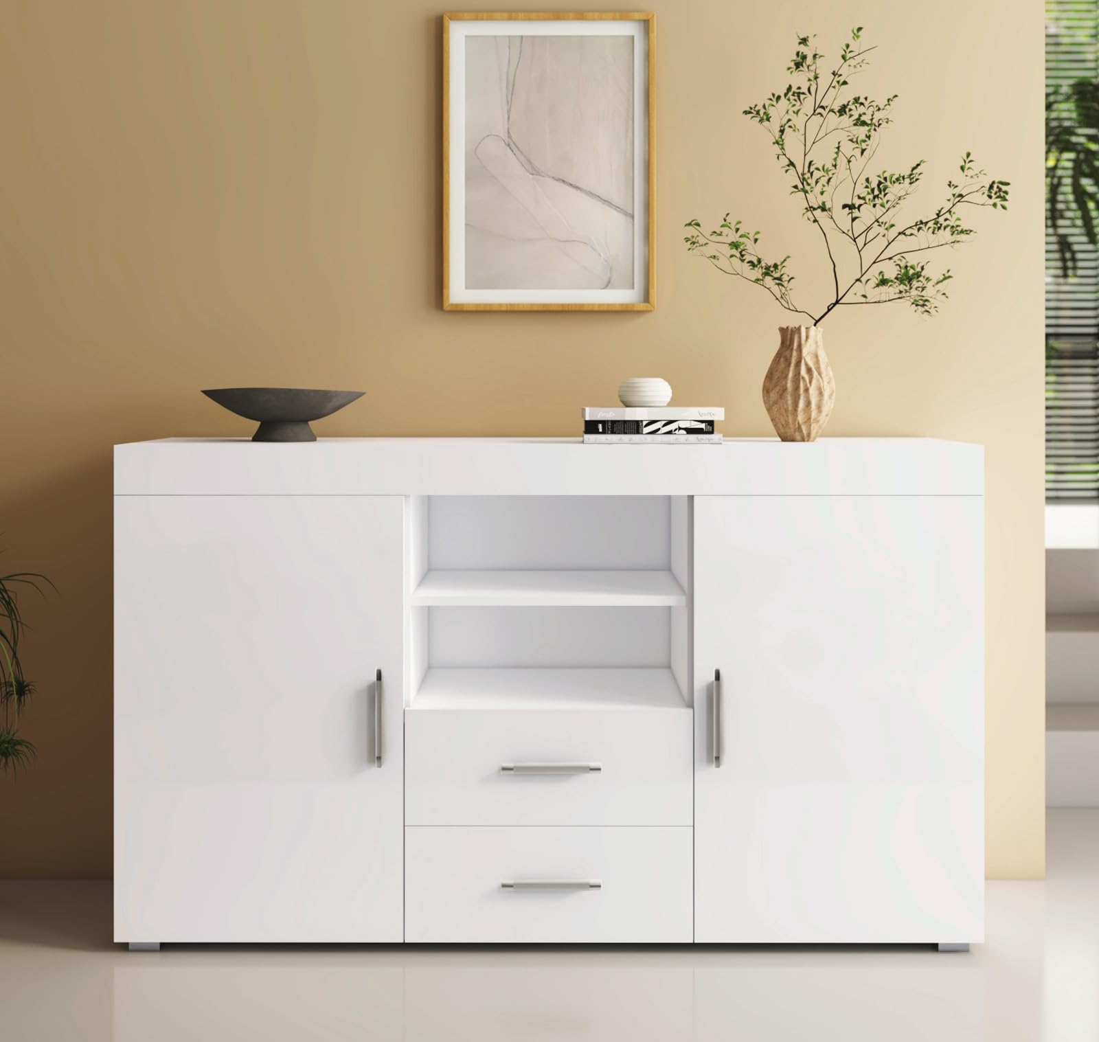 MB Muebles Bonitos | Aparador Roque | Mueble Auxiliar Moderno de Salón y Comedor con 2 Puertas, 2 Cajones y Estante | 140x82x40 cm | Melamina Brillo | Blanco