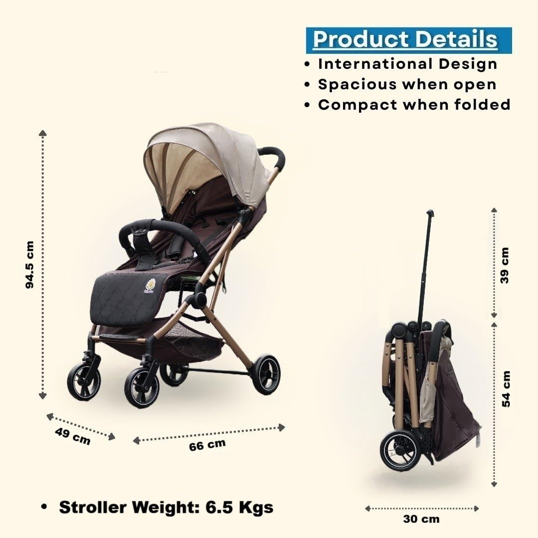 Chipzzie Travel Mate Baby Stroller – Pre-Installed, Lightweight, Compact & Travel-Friendly | One-Hand Fold | Full Recline & 5-Point Harness | Newborn to Toddler (0-3 Yrs) | Elegant Rose Gold Frame – Brown/Khaki 2