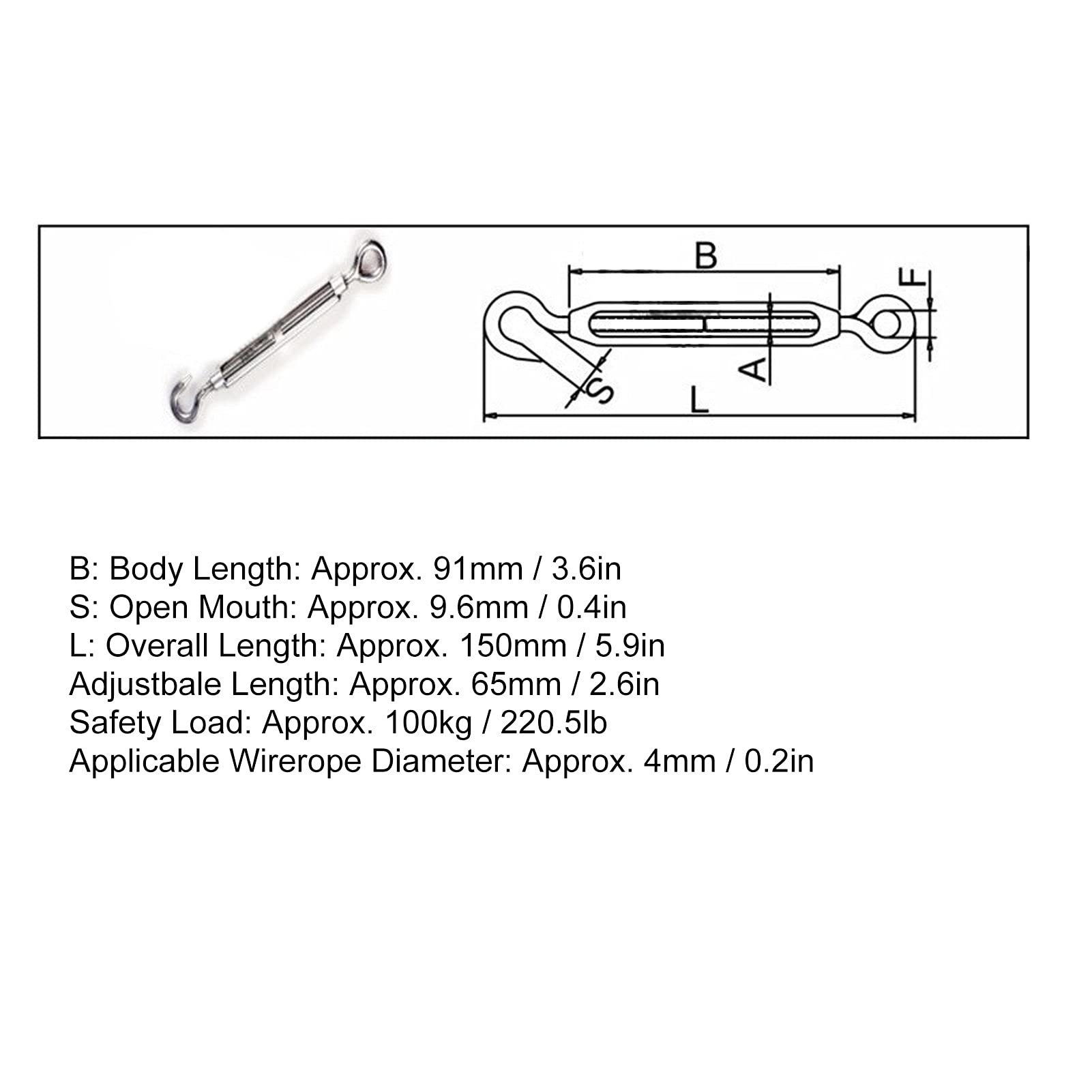 4pcs Hook to Hook Turnbuckle Stainless Steel Hardware Kit for Cable Wire Rope Tension M6