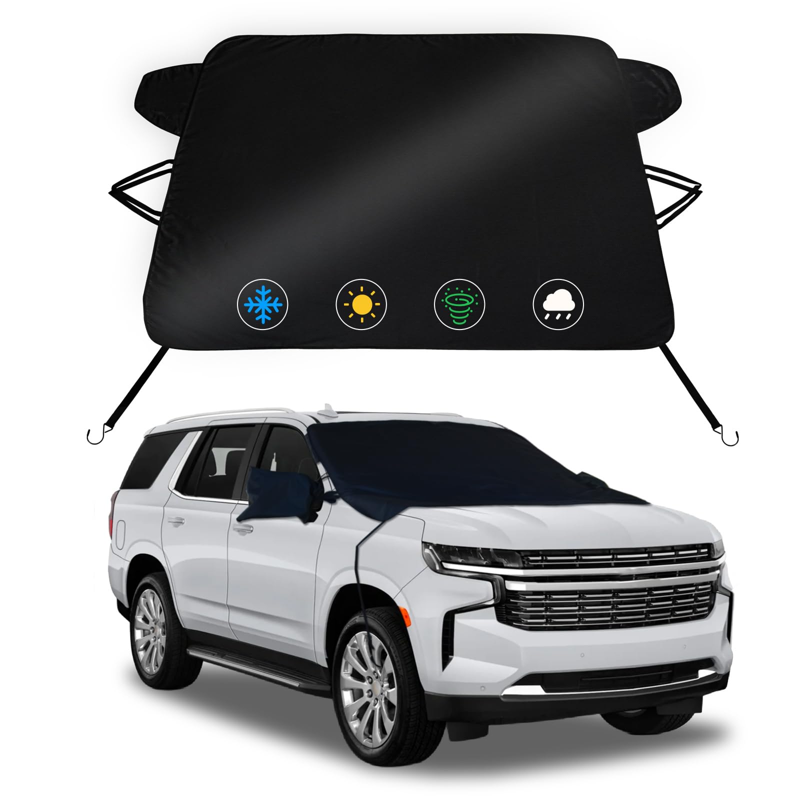 Windshield Cover for Ice and Snow for Chevrolet Chevy Tahoe 2021-2026, 2-Layer Oxford Fabric Windshield Snow Cover Windproof Winter Frost Hail Protector Ice Removal Shield with Side Mirror(71"x47")