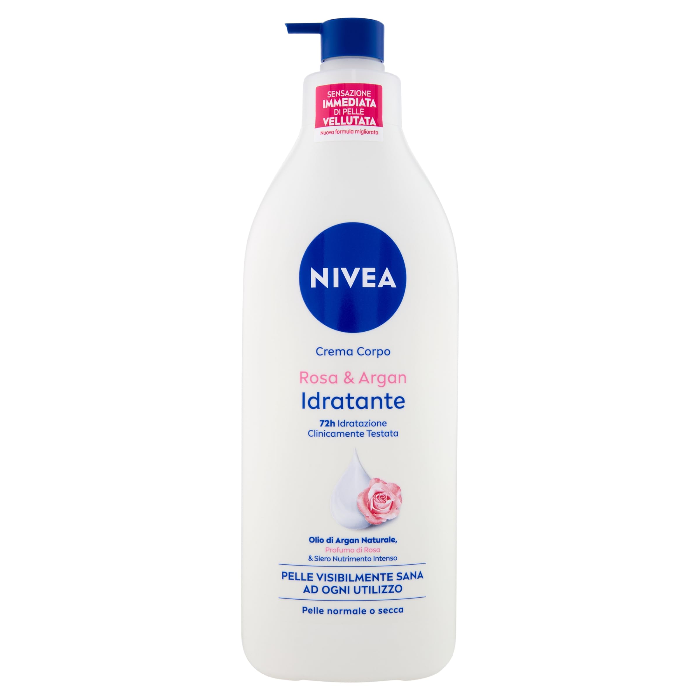 NIVEA Feuchtigkeitsspendende Körpercreme Rosa & Argan, 500 ml, Feuchtigkeitscreme 72h, parfümierte Körpercreme mit reiner Hyaluronsäure und intensivem Nährserum, feuchtigkeitsspendende Körpercreme für