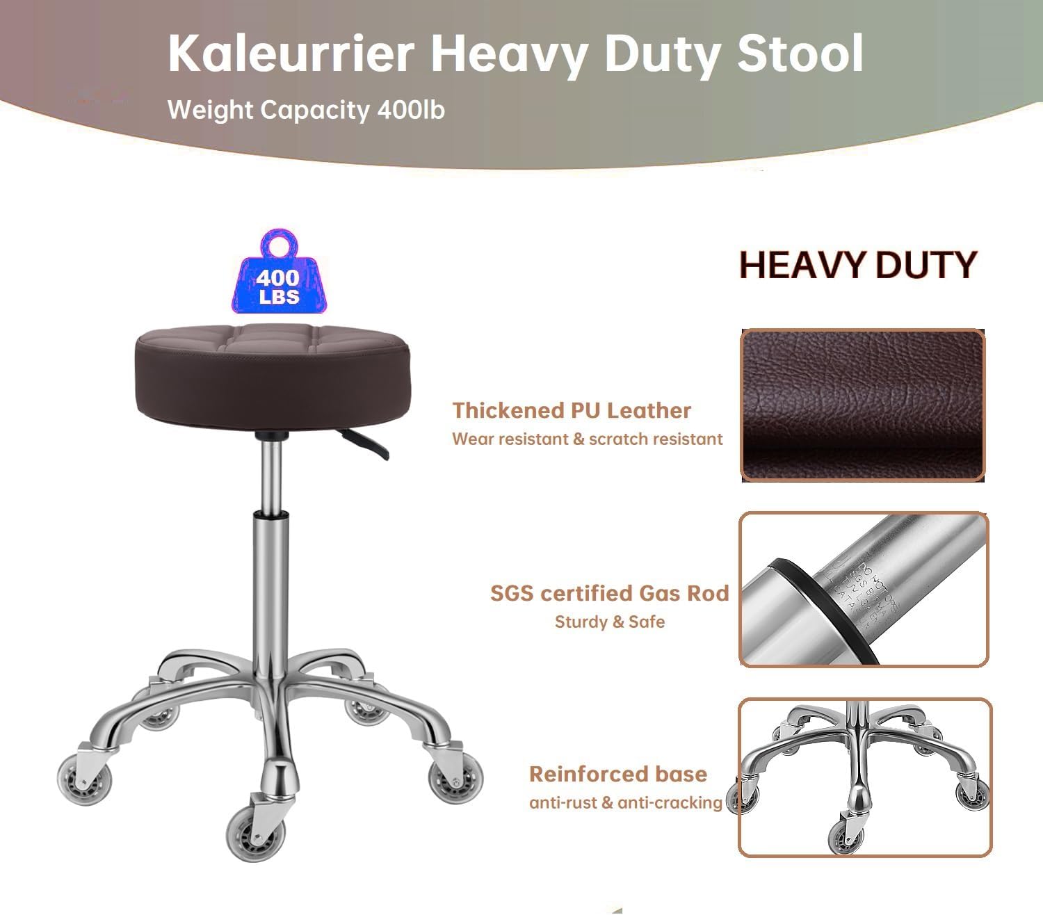 Kaleurrier Adjustable Rolling Stool for Salon: Heavy Duty Swivel Chair with Wheels for Hairdresser Esthetician Lash Tech - Spa Home Office Kitchen Dental Tattoo Shop Use - Seat Height 22”-30” - Brown