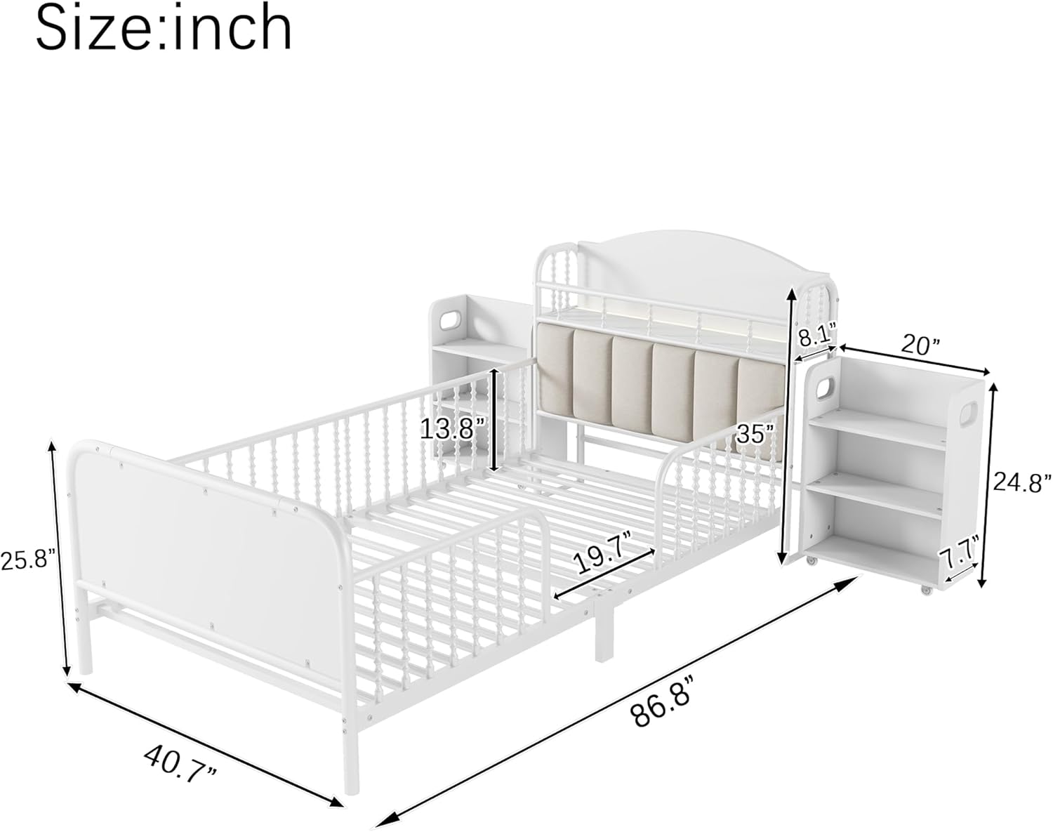 Twin Bed with Storage, Kids Montessori Bed Frame with Rails, Upholstered Headboard, Modern Twin Size Beds with LED Light,Hidden Shelves, Low Platform Bed for Girls Boys, White