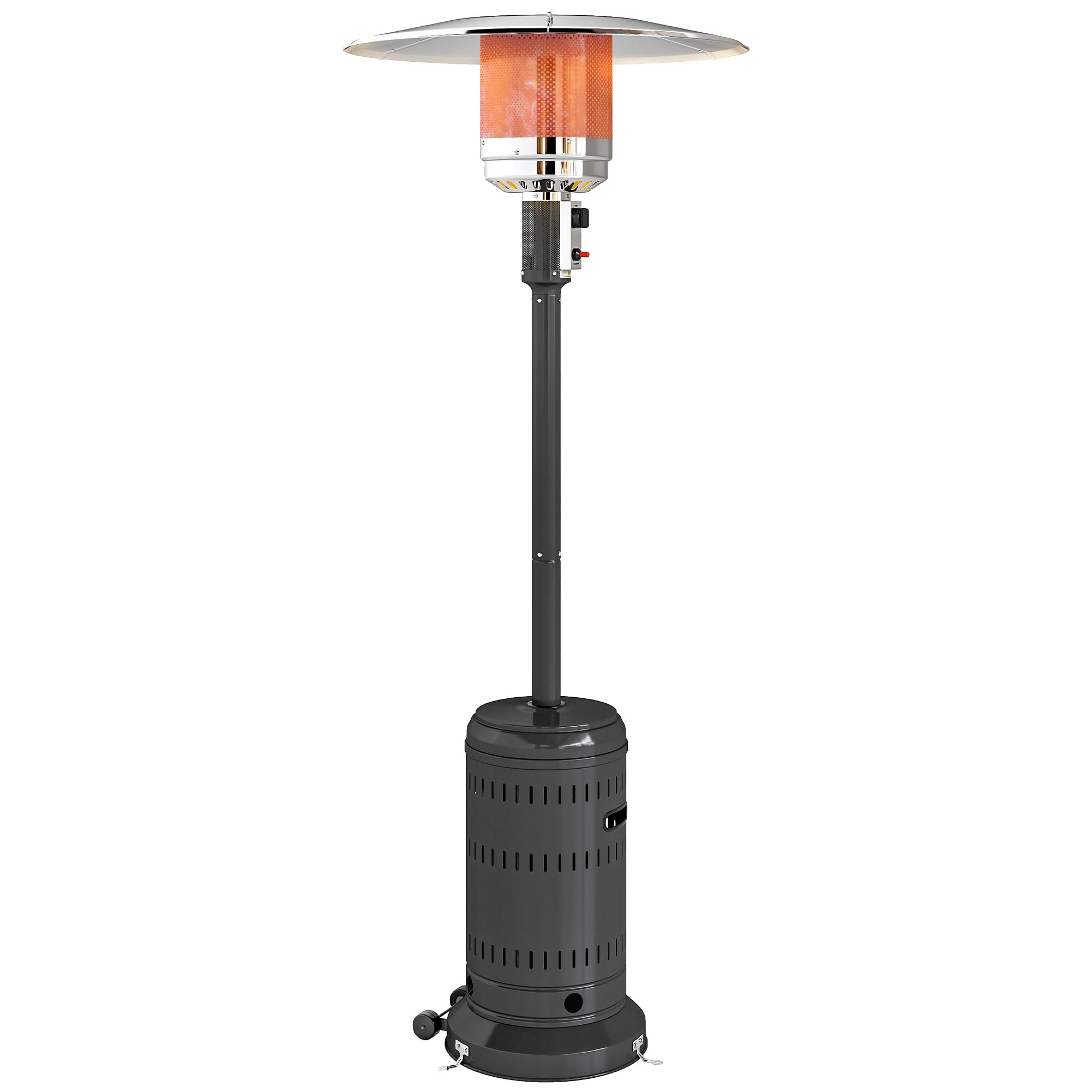 Outsunny Zewnętrzne ogrzewanie tarasowe, przenośny gazowy parasol grzewczy 11 KW, regulowany poziom ogrzewania, ochrona przed przewróceniem i kółkami, do ogrodu, powierzchnia grzewcza 7 m², kolor