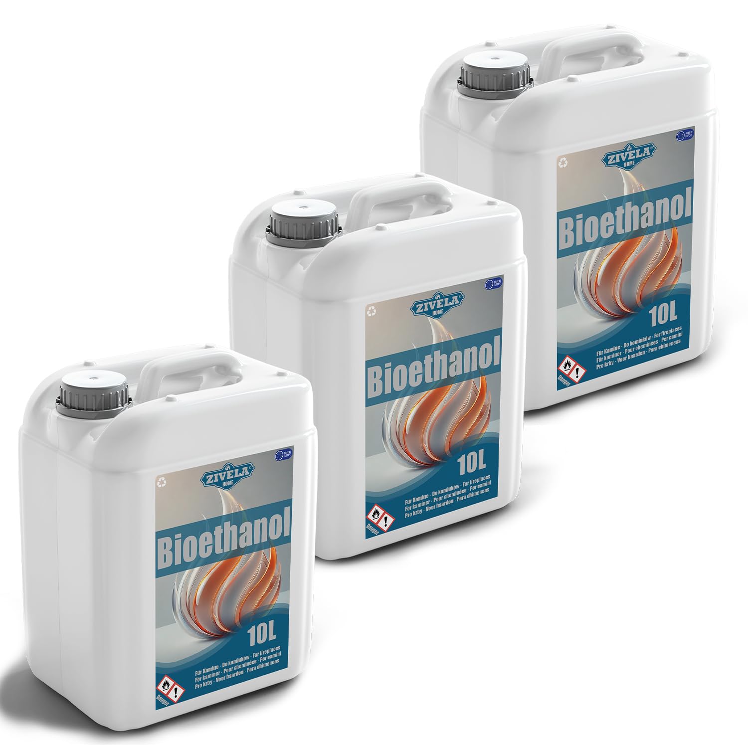 Bioéthanol 96,6 % 30 l | Alcool bio 96,6 % 3 x 10 l | Cheminée à bioéthanol sans odeur, flamme vive et stable