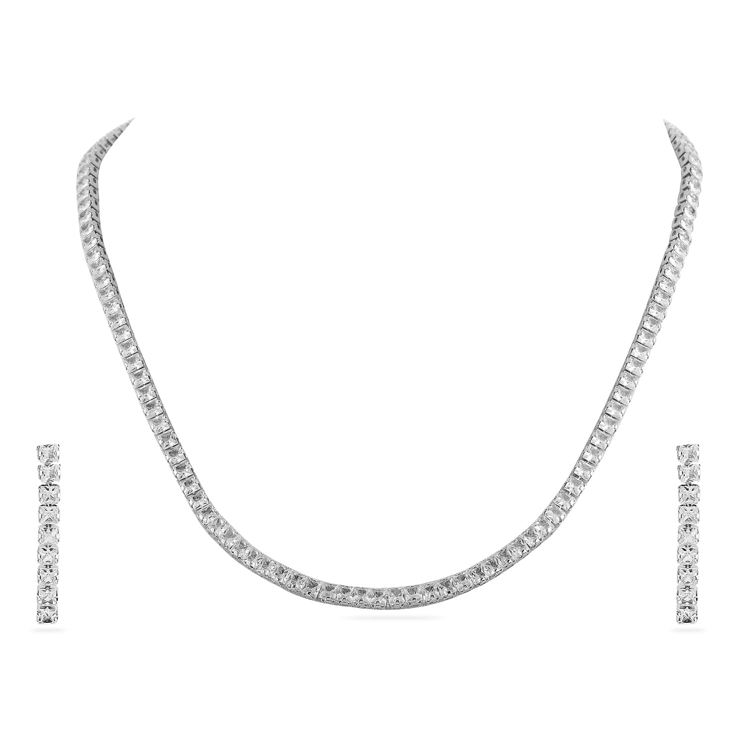 rubans Rhodium-Plated Sparkling Cubic Zirconia Studded Tennis Statement Necklace Set-picture-25