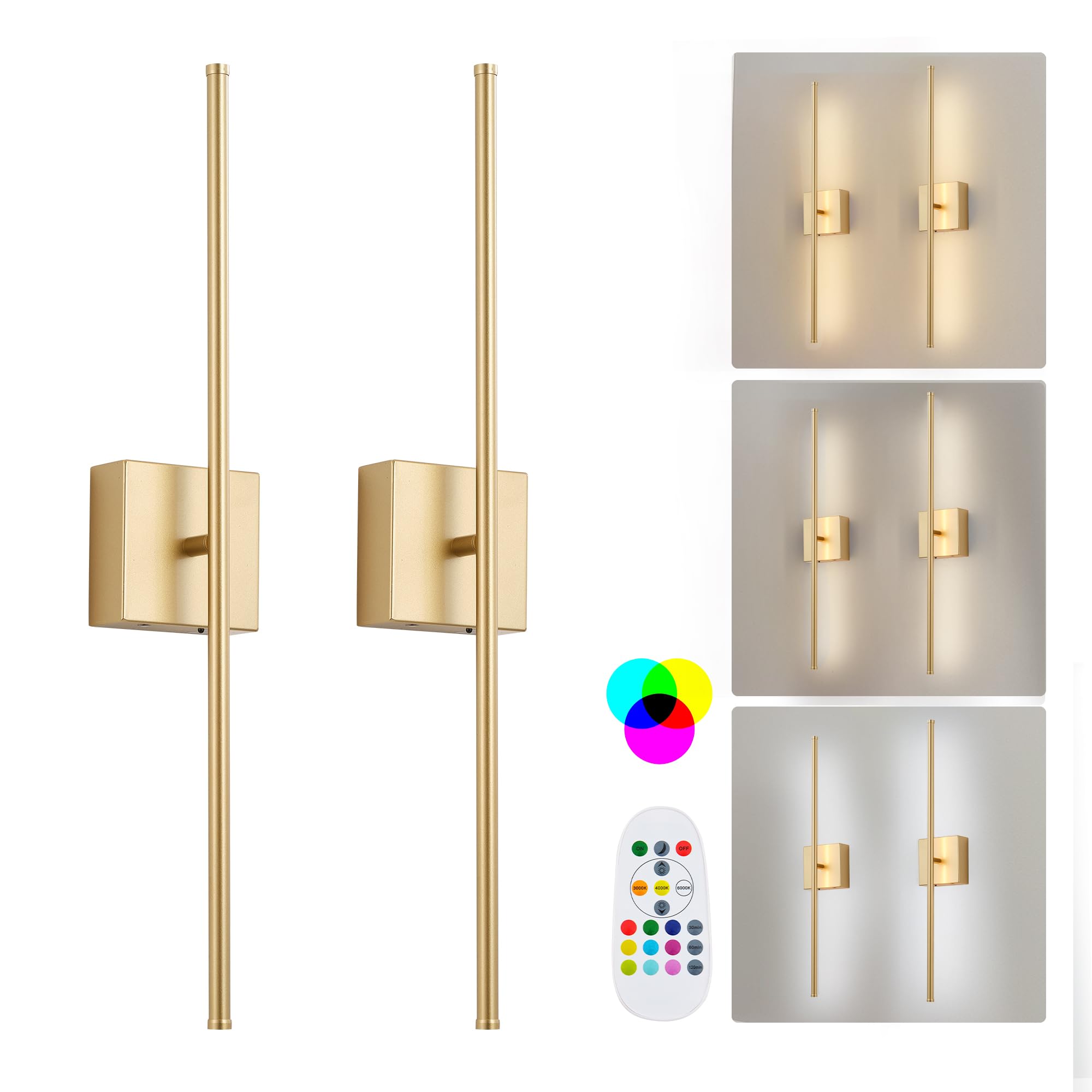 Battery Operated Wall Sconces Set of Two, with Remote Control, Dimmable, Warm White/Natural White/Daylight/RGB, 350°Rotate, LED Gold Wireless Wall Light for Living Room, Bedroom, 28.3 Inch
