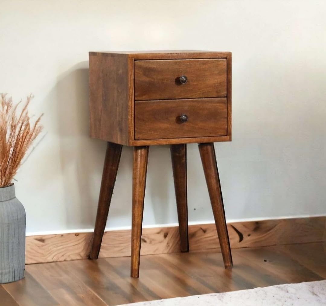 IThree Mid-Century Modern Nightstand, 2 Drawers, Solid Wood Side Table with Tapered Legs, Walnut Brown-image-4