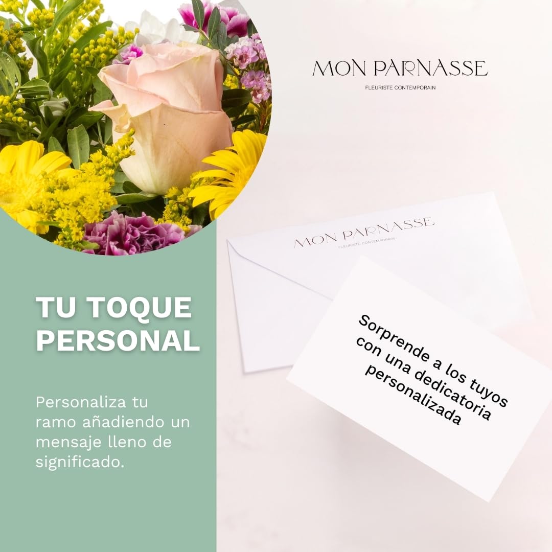 Mon Parnasse - Ramo de Flores Naturales con Dedicatoria, Incluye Tarjeta Personalizada, Set Alimento Floral, Envoltorio Elegante, Regalo, Frescura y Aroma - Plenitud