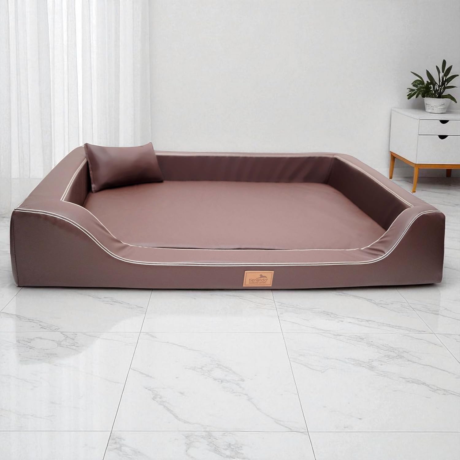 tierlando® Orthopädisches Hundebett Melody aus pflegeleichtem und allergikerfreundlichem Kunstleder mit Latex-Matratze, Größe: 85x60cm | Farbe: 01 Braun