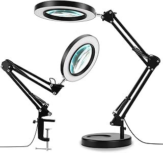 2-in-1 Magnifying Glass with Light and Stand, 5X Real Glass Lens, 3 Color Modes Stepless Dimmable, Magnifying Desk Lamp & Clamp, LED Lighted Magnifier for Repair, Reading, Crafts, Close Works