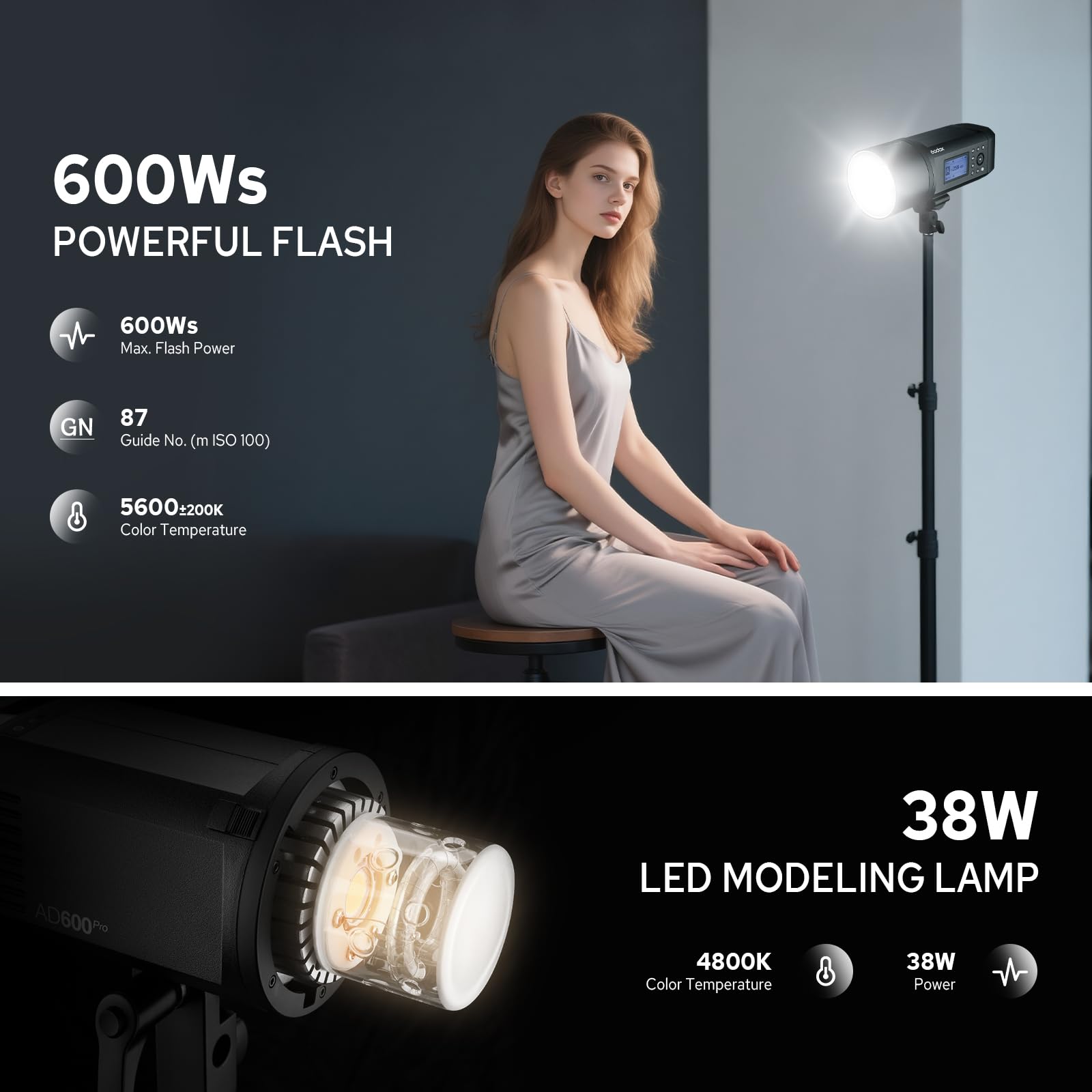 Godox AD600Pro 600Ws TTL Built-in 2.4G Inalámbrico X Sistema HSS All-In-One Outdoor Flash Con Li-on Batería Compatible con Canon E-TTLII, Nikon i-TTL, Sony, FUJIFILM, Olympus, Panasonic