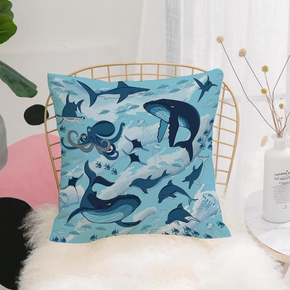 HYMSXW Cushion Cover,Throw Pillow Case Home Decorative for Living Room Bedroom Sofa Chair 20X20 Inch,Fish, marine life, waves, dolphins, sharks, whales patterns,Pillowcase 50X50cm