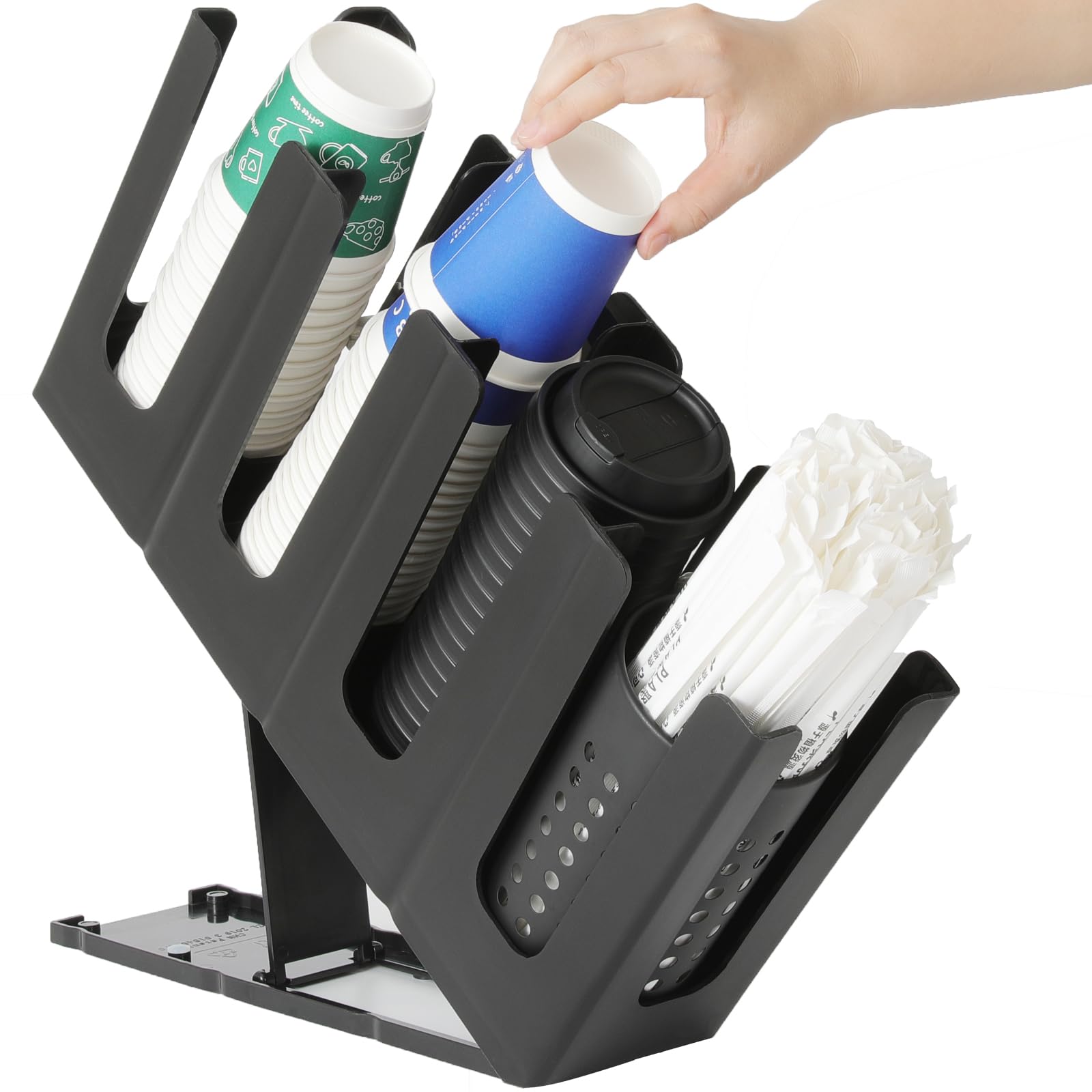 RQF Paper Cup and Lid Holder, Disposable Coffee Cup Holder Lid Dispenser Plastic with Straw Organizer,4 Compartment 4 Adjusting High,for Countertop Coffee Pod Straw,Breakroom,Bar Cups Holders Black