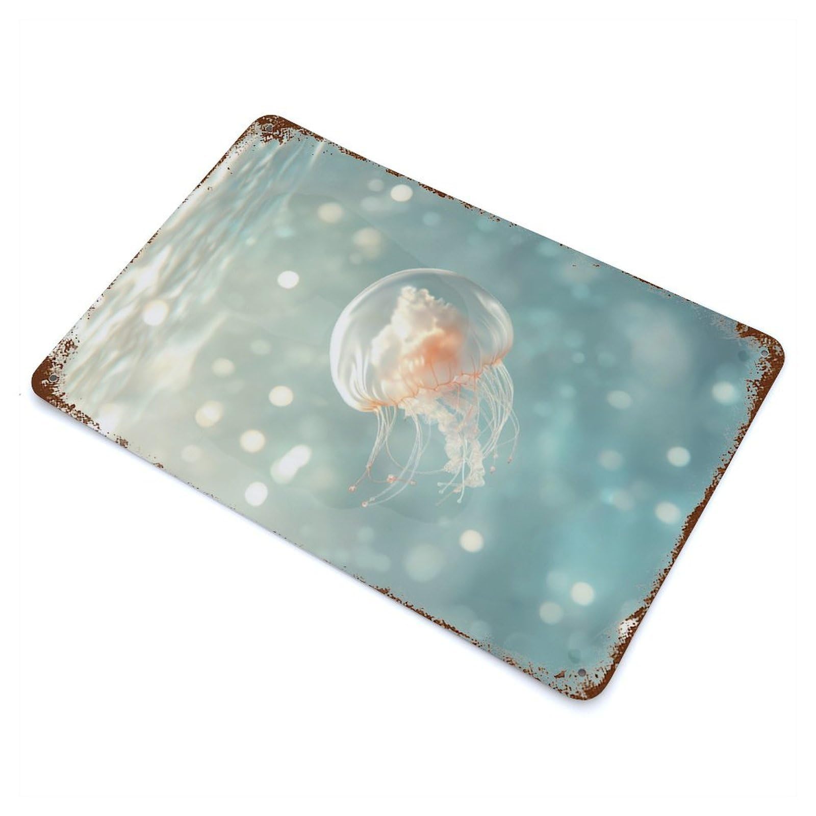 Jellyfish Underwater 11.8"x7.9" Aged Metal Wall Plaque, Retro Wall Decor for Farmhouse, Kitchen And Entryway Decor