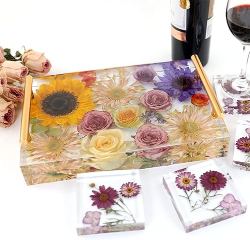 Miniatura 5 de Moldes de bandeja de silicona grandes para resina, 13.5 x 9.5 pulgadas de profundidad rectangular epoxi moldes con 4 asas doradas y plateadas, molde