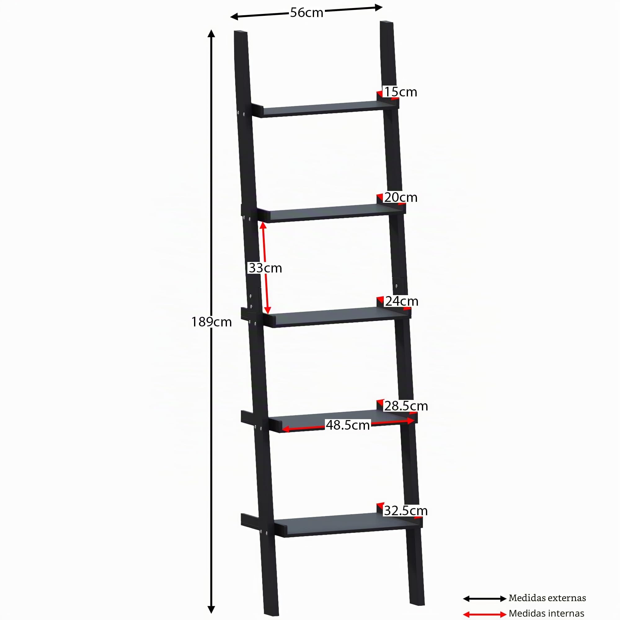 Vida Designs 5 Nivel Slanted Escalera Estantería, Moderno Leaning Shelf Unit for Sala de Estar, Dormitorio or Oficina, Space Saving Exposición Storage, H189xW56xD32.5cm (Negro)