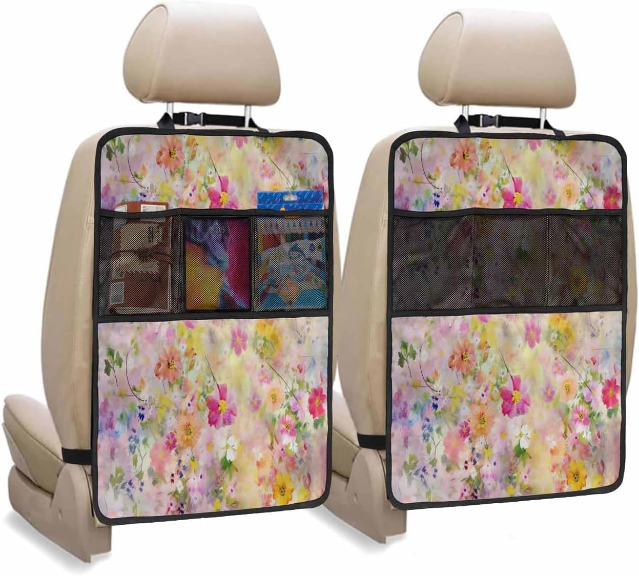 Car Seat Protector, 2 Pack Kick Mats with Organizer - 3 Pocket Storage, Spring Watercolor Pink Yellow Flowers Oil Painting Back Seat Cover for Kids Universal Fit Automotive Interior Protectors