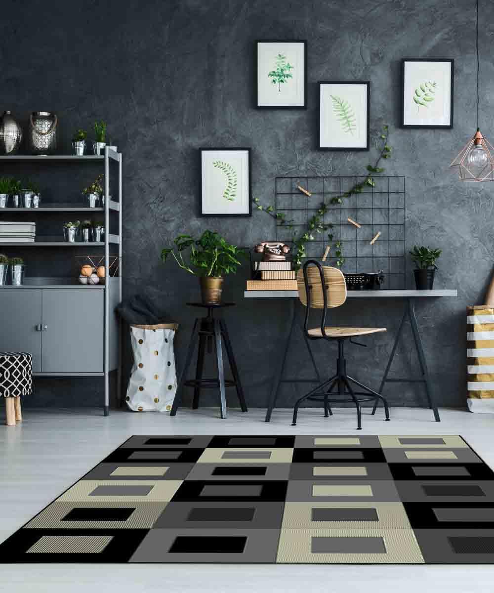 Parure (3 pezzi) di Tappeti moderno geometrico a quadri DESIGN 2149 NERO tris scendiletto camera da letto matrimoniale