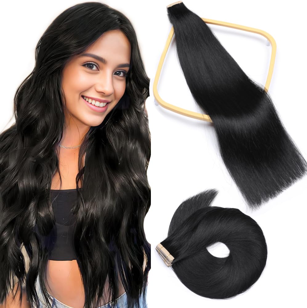 Hotlulana Extension Capelli Veri Biadesivo Nero(#1) Extension Capelli Veri 14Pollici 20pcs 35cm 40g Extension Biadesive Capelli Veri Invisible Skin Weft Remy 100% Tape in Hair Extensions Human Hair.