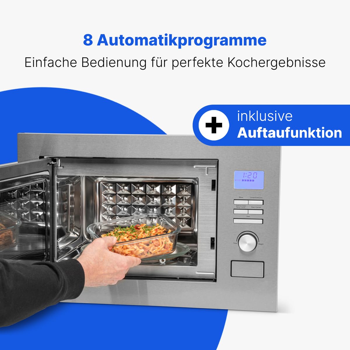 Microondas empotrable Bomann 3en1 con grill y convección, 25 L de espacio de cocción, 8 programas, incl. rejilla para grill y plato giratorio (Ø 27 cm), 900 vatios, acero inoxidable, MWG 3001 H EB