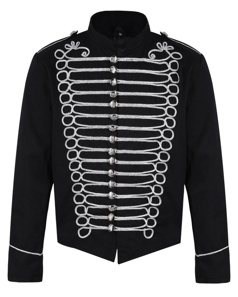 Ro Rox Steampunk Napoleon Military Drummer Parade Jacket (Black & Silver, Men's XXXXL)