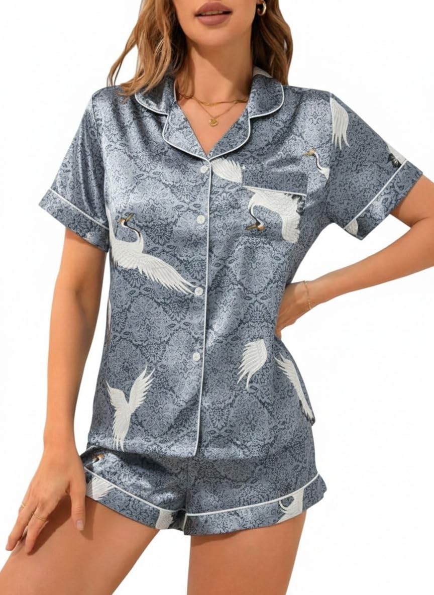city fashions Women's Satin Short Night Suit Set | Soft & Breathable Floral Sleepwear | Pajama Set with Shirt & Shorts-picture-10