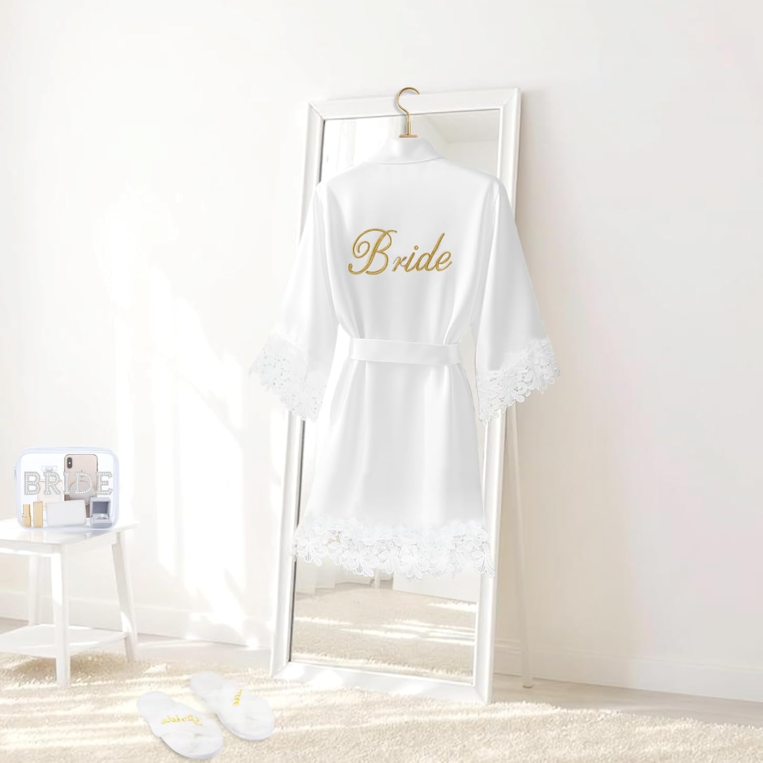 3 Pcs Bride Robe for Wedding Day Set with Makeup Bag, Slippers, Lace Trim White Robe -Short Getting Ready Wedding Robes Bridesmaids Bride Gifts