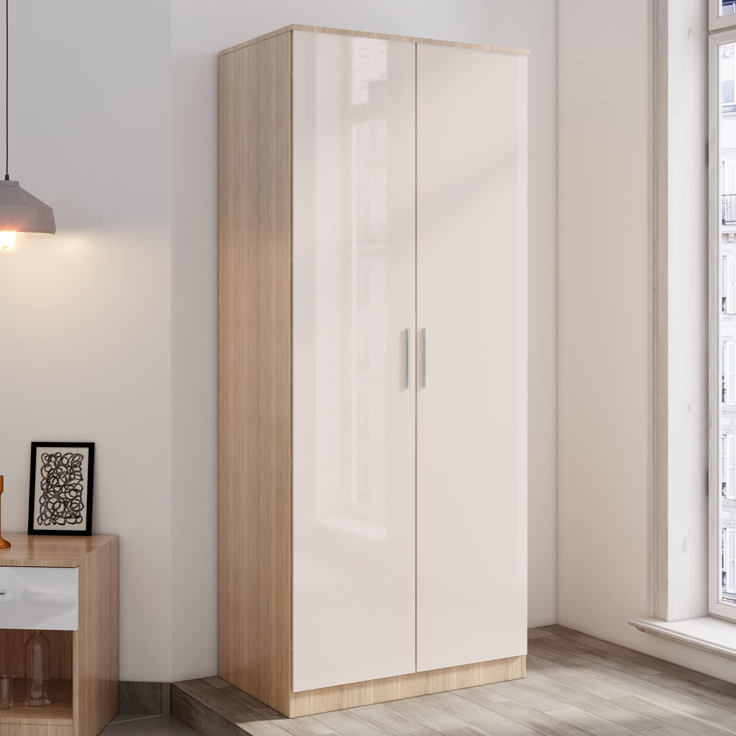 ELEGANT 2 Door Wardrobe with Hanging Rail High Gloss Bedroom Furniture for Home Bedroom, 5 Colors Available