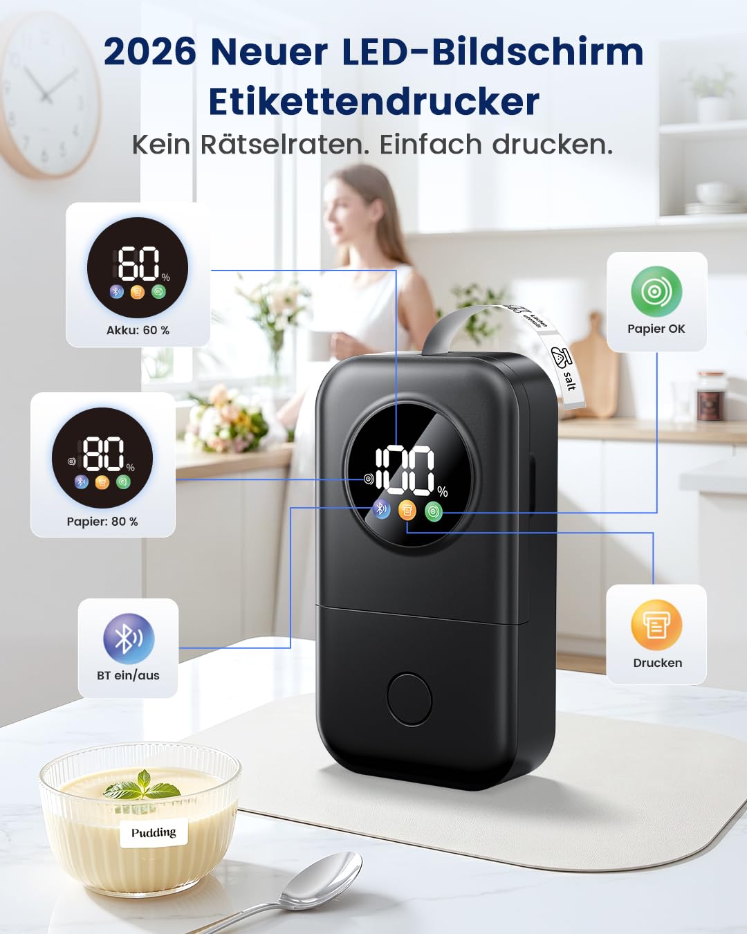 Phomemo Etikettendrucker mit 5 Etiketten, 2026 Upgraded D30D LED Smart Screen Bluetooth Etikettiergerät, Tragbarer Beschriftungsgerät selbstklebend Label Printer, Büro, Schule & Organisation – Schwarz