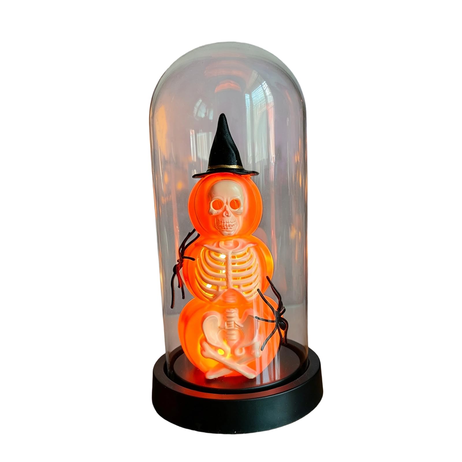 APGLSXY Seasonal Party Centerpiece Decor Featuring Lighted Pumpkin Skeleton in Glass Dome, Warm Glow for Indoor Tabletop Use Mantel Accent
