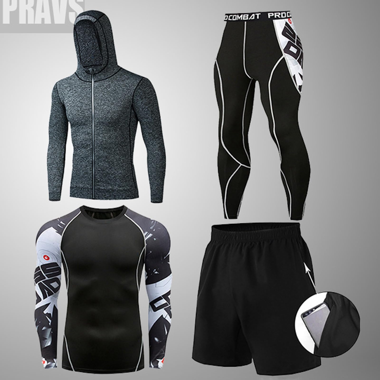 Herren Shapewear Set Vier kühlend schnell trocknend Sportunterhemd Rundhals T-Shirt Lange Sporthose