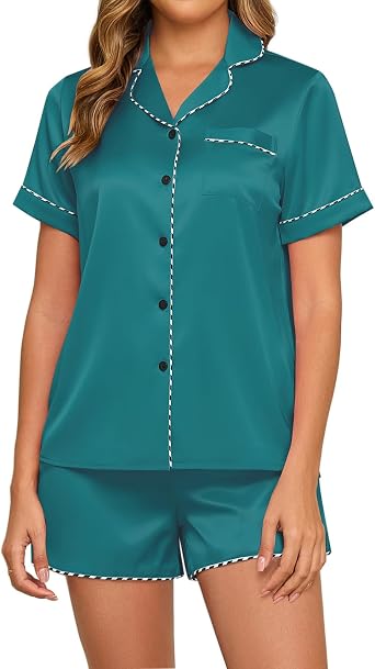 HALCYEEN Womens Silk Satin Pajama Set Soft Short Sleeve Sleepwear Button Down Lounge 2 Piece Nightwear Pjs S-XXL