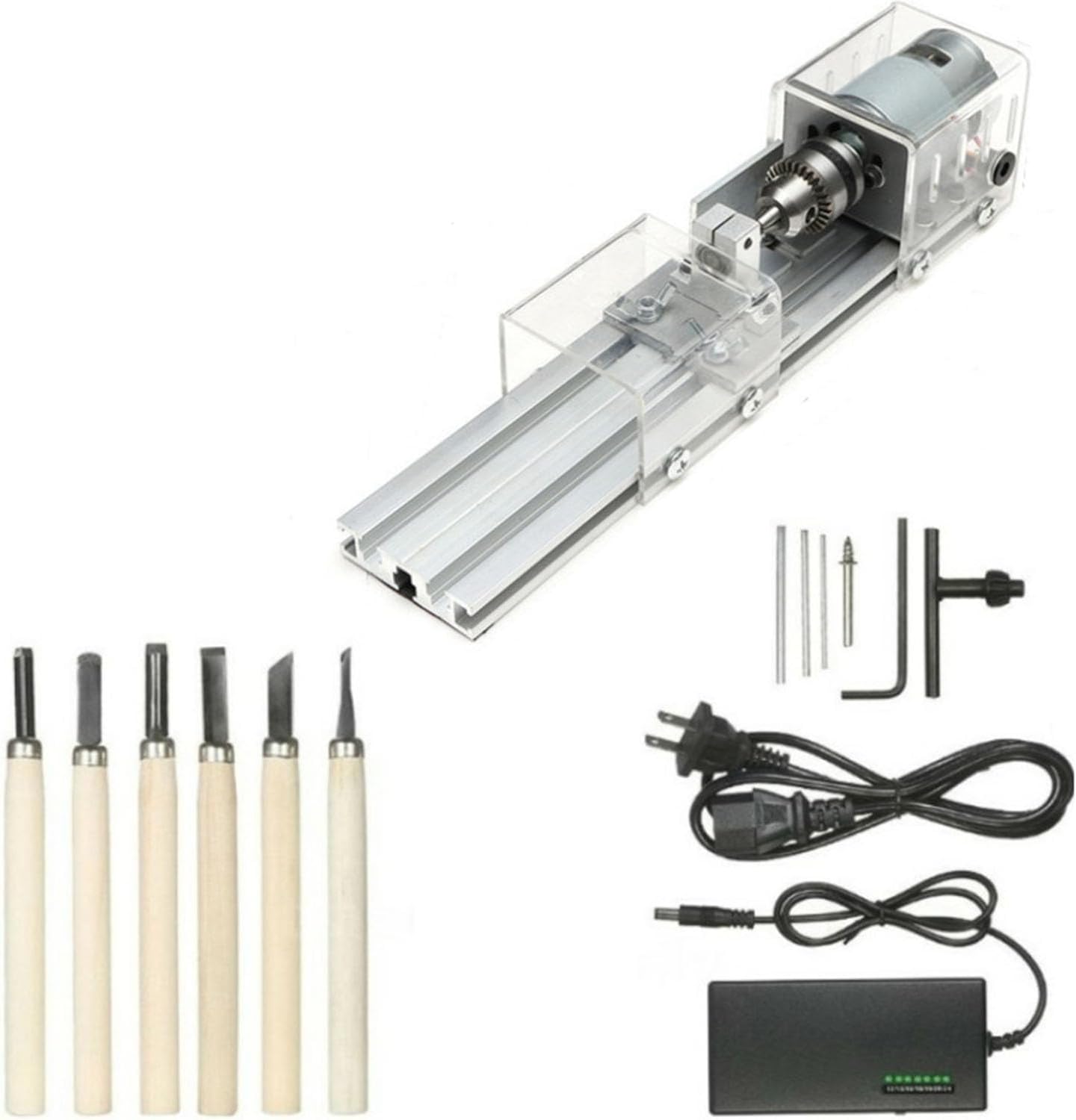Mini Lathe Machine For Wood & Metal, 7-Speed DIY Polisher with Precision Drill Chuck for Grinding, Engraving, Drilling, And Crafting Beads(Clear)