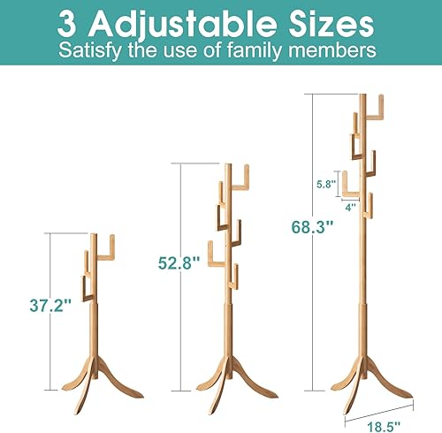 Miniatura 4 de Perchero independiente, árbol de bambú de cactus, soporte de madera de altura ajustable con 6 ganchos, perchero para niños, utilizado en el
