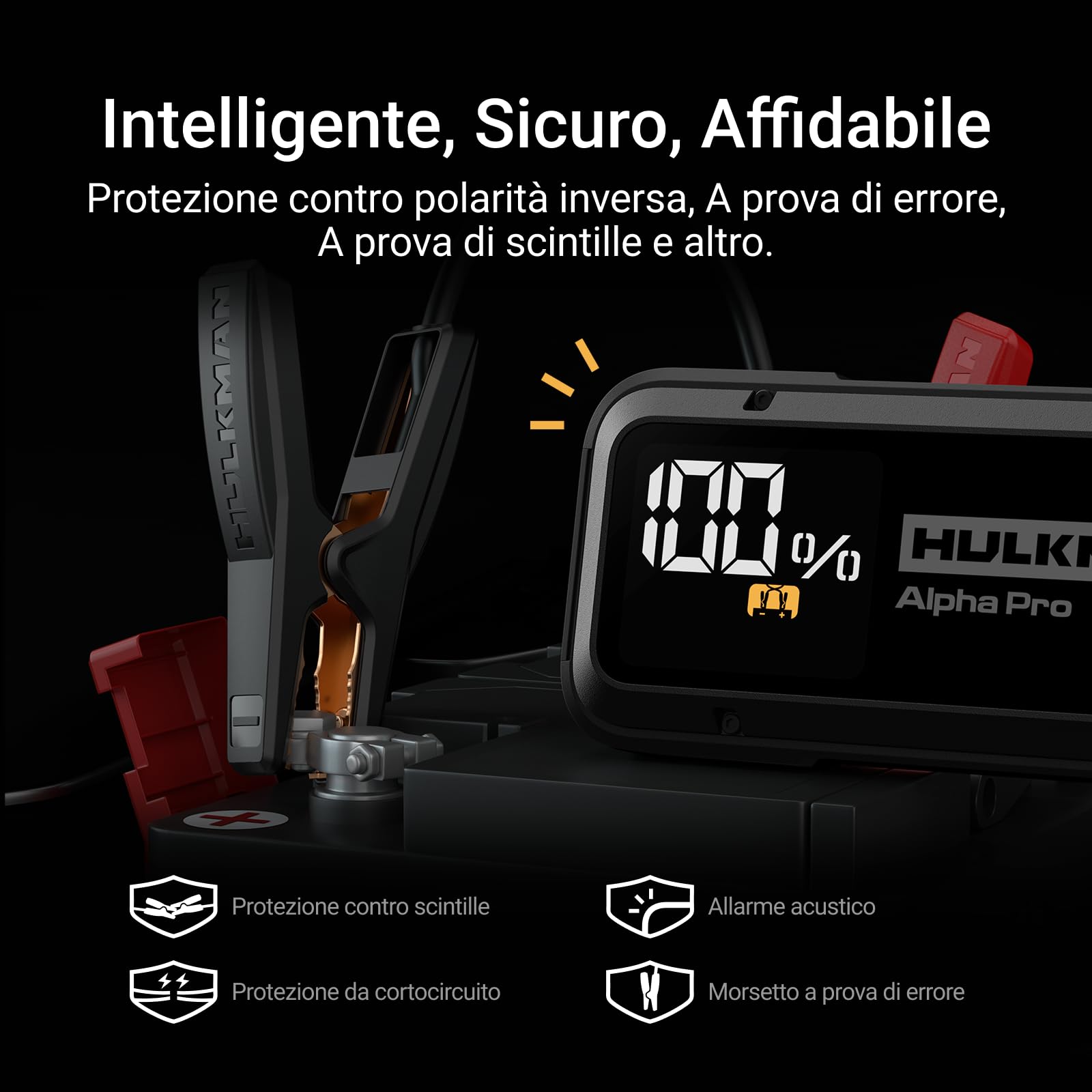 Hulkman Alpha Pro, nero solido. Avviatore smart per batterie 1500A, 44.4Wh. Con display LED 3.3". Batteria portatile auto, carica e scarica PD65W, 12V. Adatta per motori a gas 7.5L e diesel 4.5L