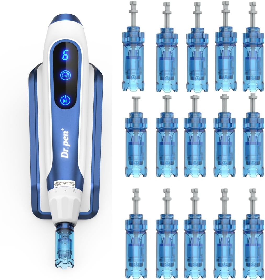 Dr. Pen A11 Wireless Skincare Device - Touch Screen Controls with Induction Base, 15 Replacement Cartridges for Skin Revitalization, Fine Line Appearance, Blemish Improvement, and Hair Support