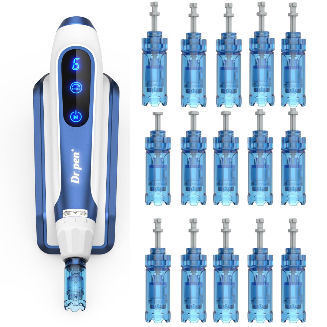 Dr. Pen A11 Wireless Skincare Device - Touch Screen Controls with Induction Base, 15 Replacement Cartridges for Skin Revitalization, Fine Line Appearance, Blemish Improvement, and Hair Support