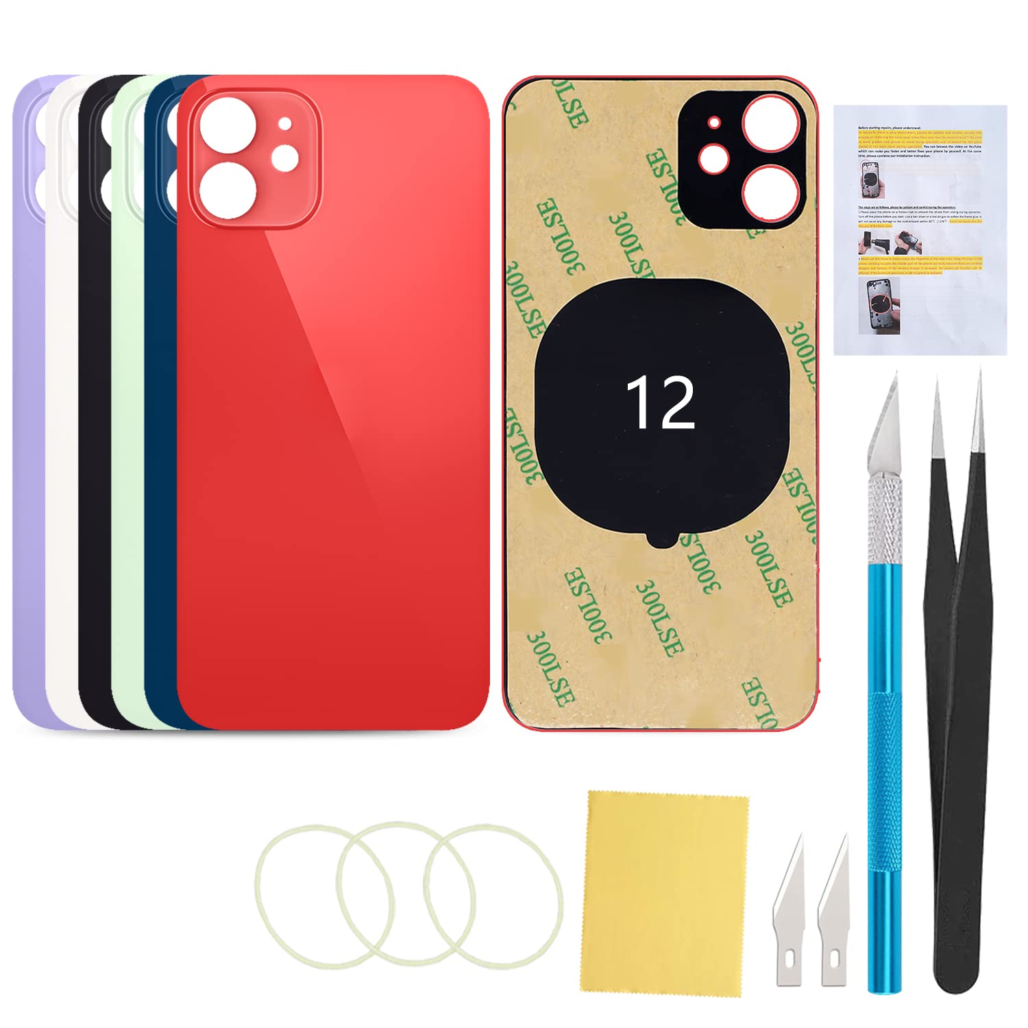 Back Screen Glass Case Replacement Compatible with iPhone 12 6.1-Inches All Carriers with Installation Manual + Repair Tool Kit (Red)
