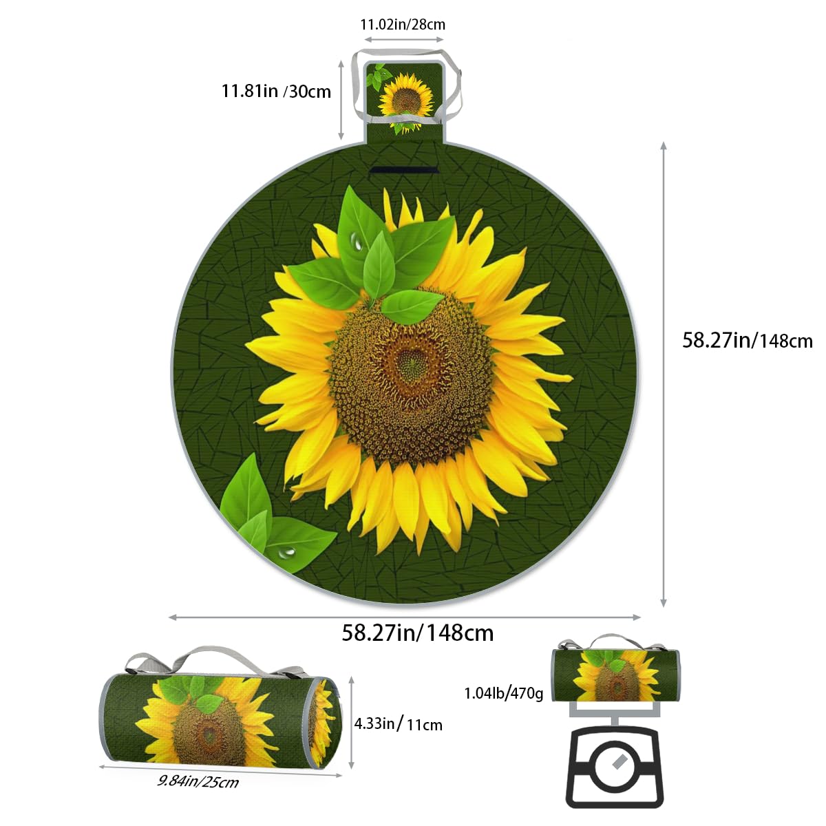 Leaf Sunflower Picnic Outdoor Blanket Foldable Waterproof Sandproof Beach Blanket Portable Water-Resistant Round Picnic Mat for Travel Camping Park Lawn