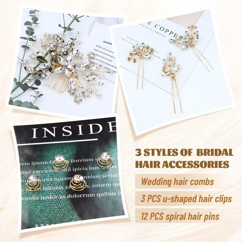inSowni 16 Pieces Gold Metal Wedding Bridal Crystal Rhinestone Hair Side Combs+U-shaped Hair Pins+Twist Spiral Hairpins Headpieces Hair Clips for Brides Bridesmaids Women Girls - Image 4